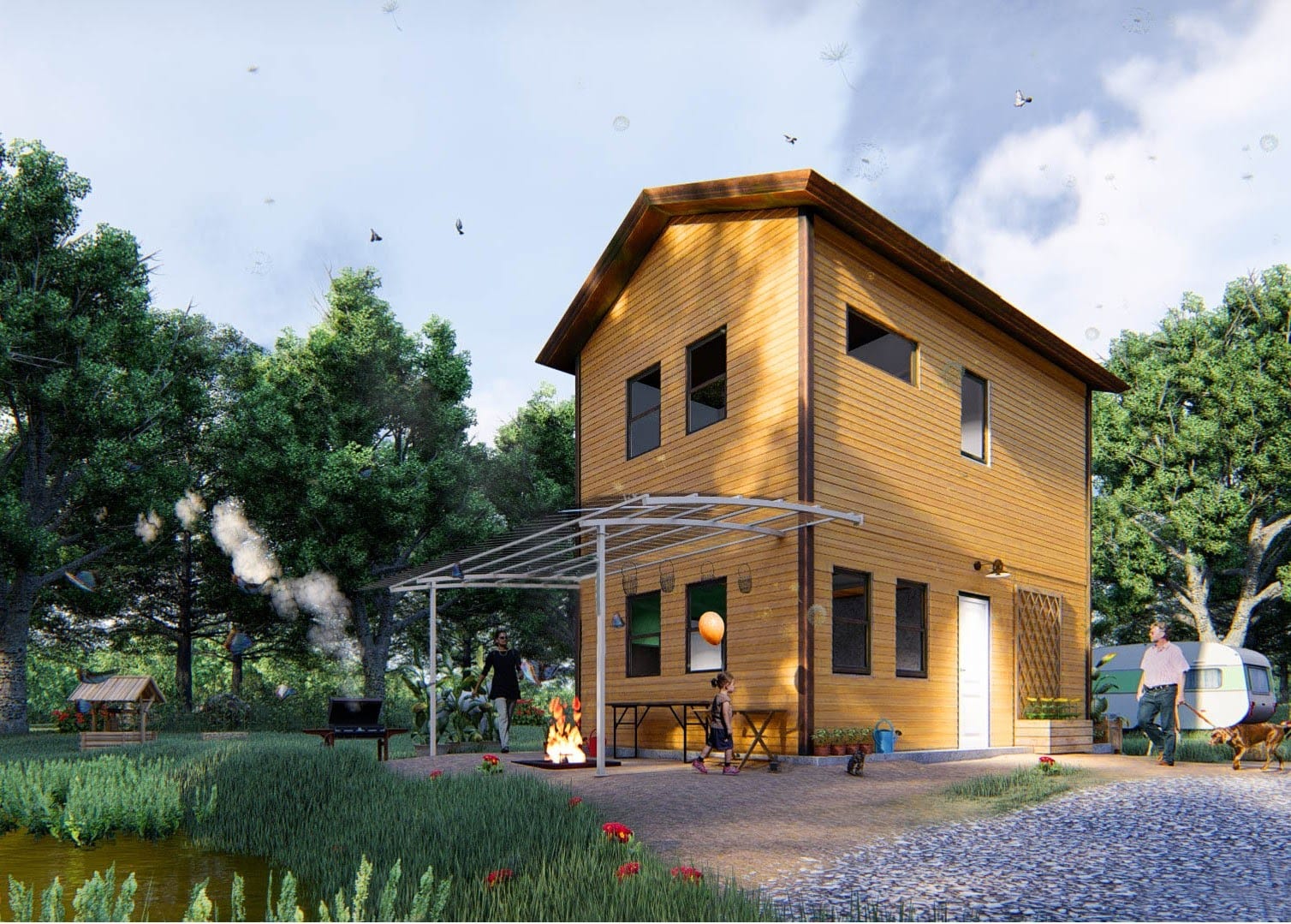Rendering of a two-story wood-clad home with a covered patio