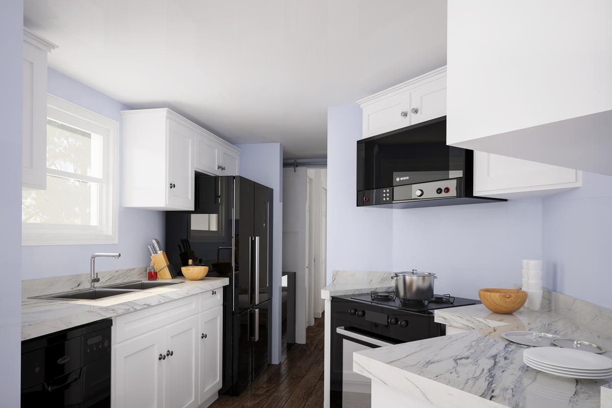 Kitchen rendering with white cabinets and black appliances