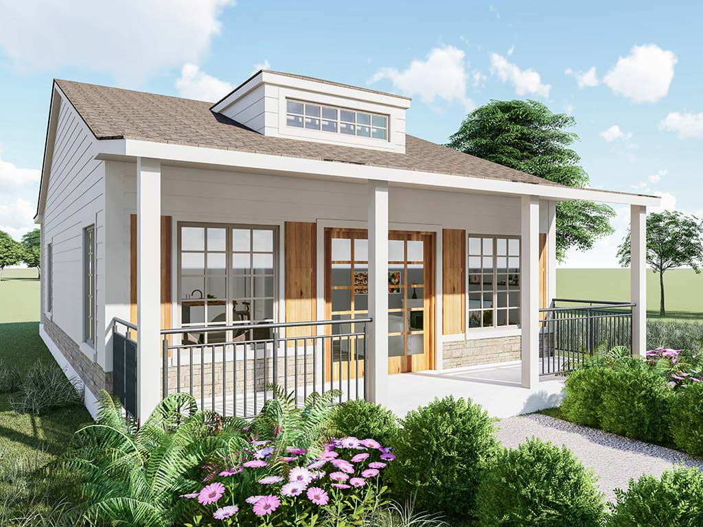 A rendering of a tiny house with a porch.