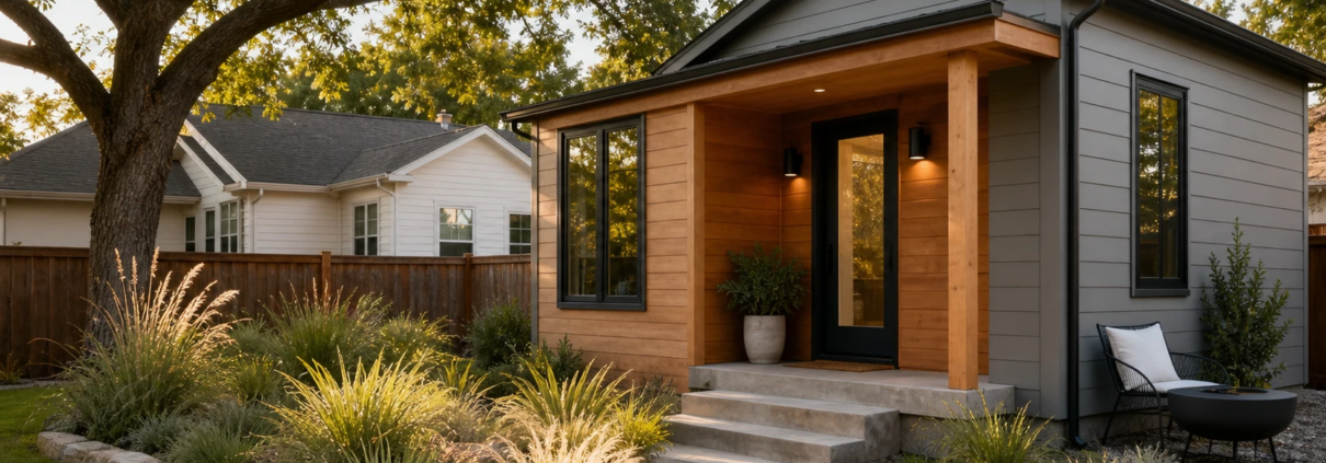 Illustration of a backyard ADU with gray siding and a covered wood entry
