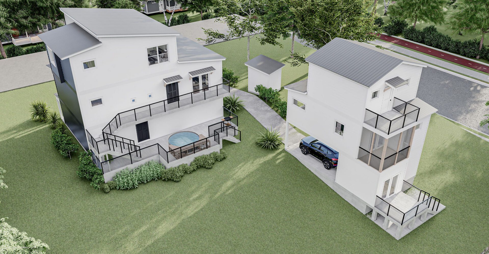 Architectural rendering of two modern white homes with balconies